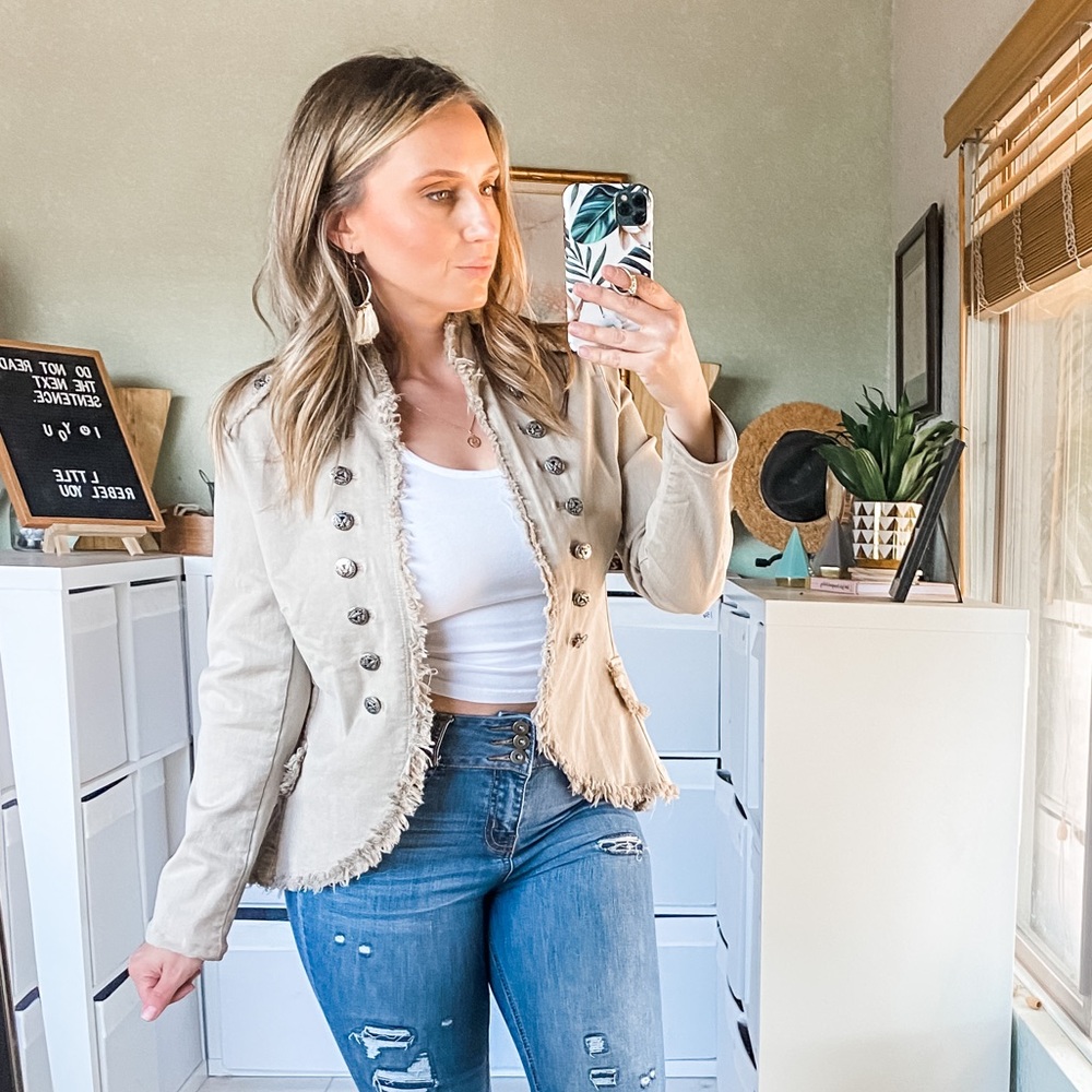 Long Sleeve Open Front Light Denim Military Jacket
